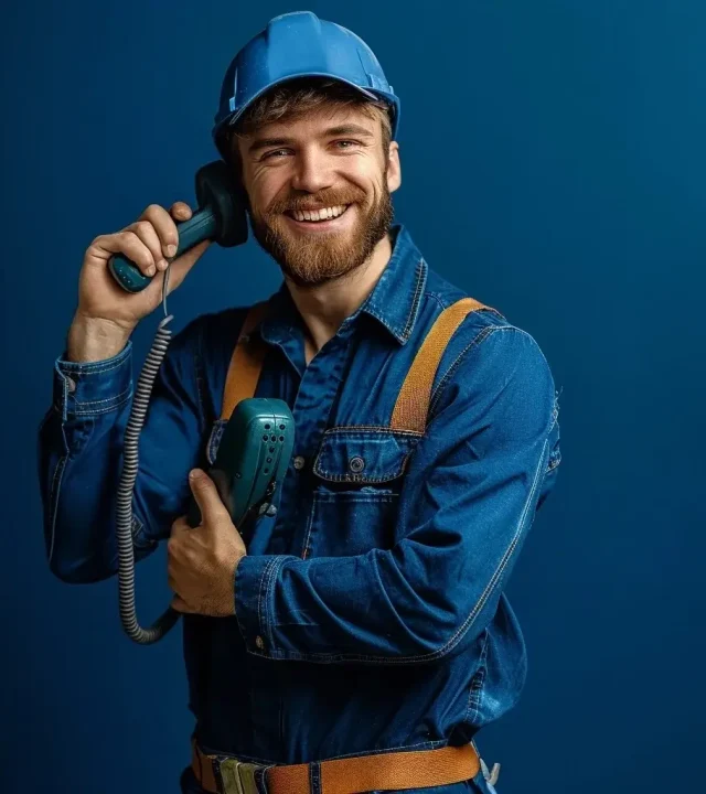 Lächelnder Elektriker Düsseldorf, der das Telefon in der Hand hält